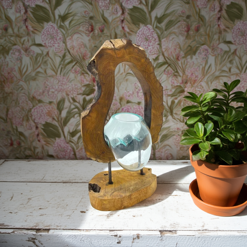 Molten Glass Art Vase: Recycled Glass & Wood