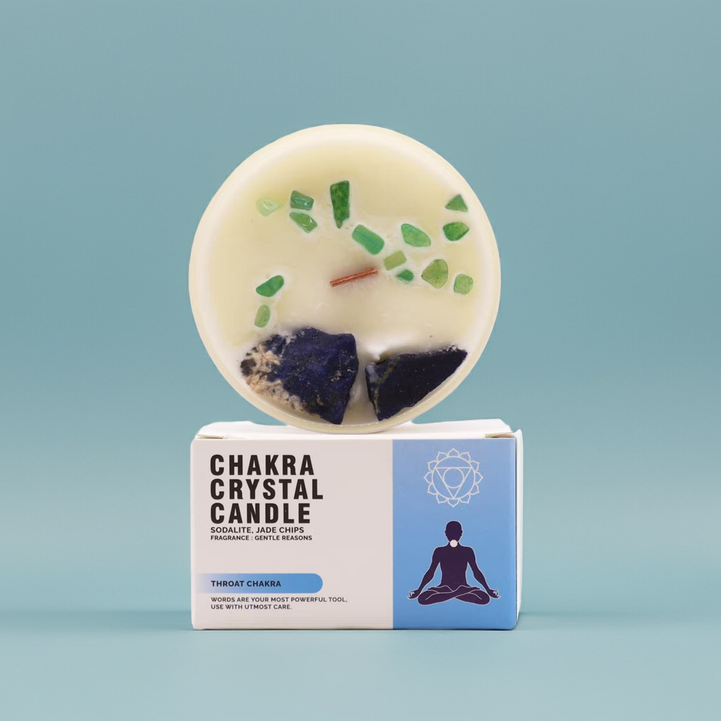 Throat Chakra Crystal Candle - Sodalite & Jade Crystals