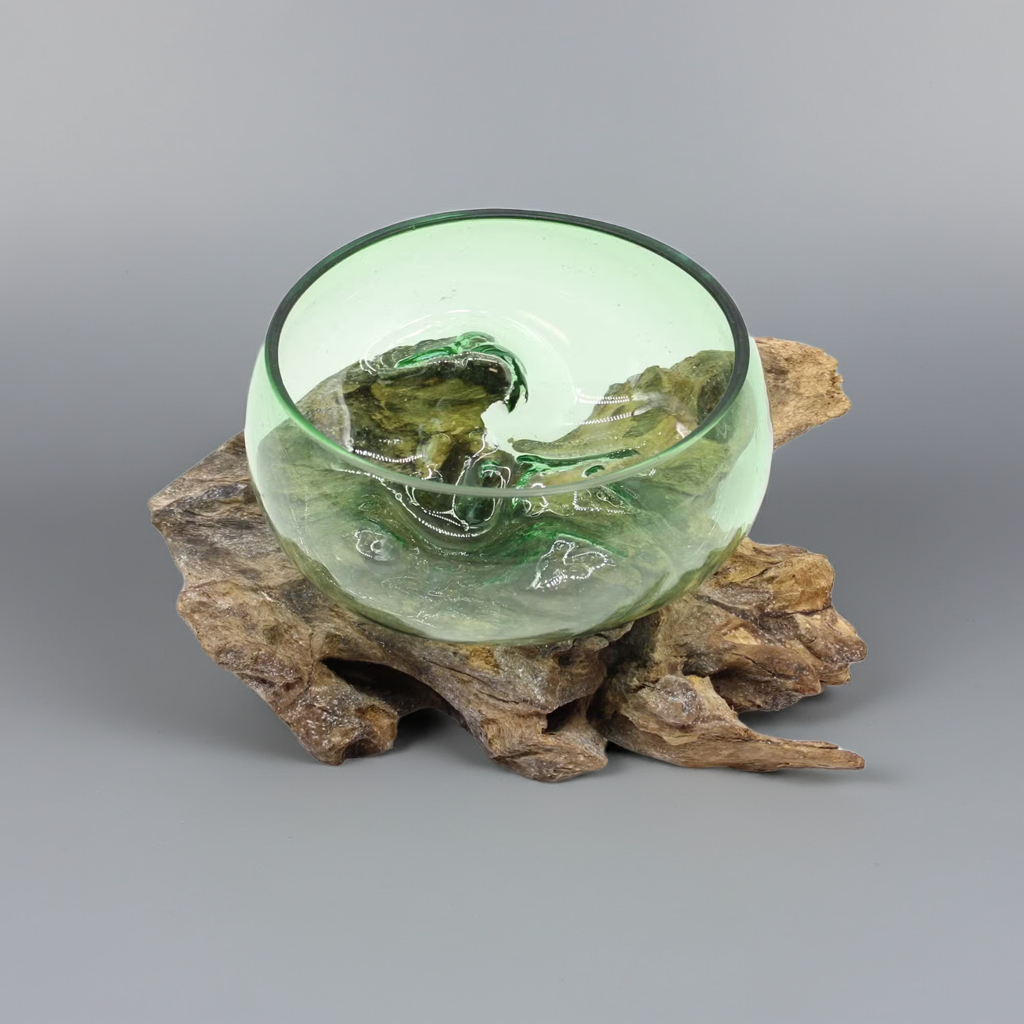 Molten Recycled Green Glass on Natural Wood Base
