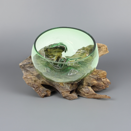 Molten Recycled Green Glass on Natural Wood Base