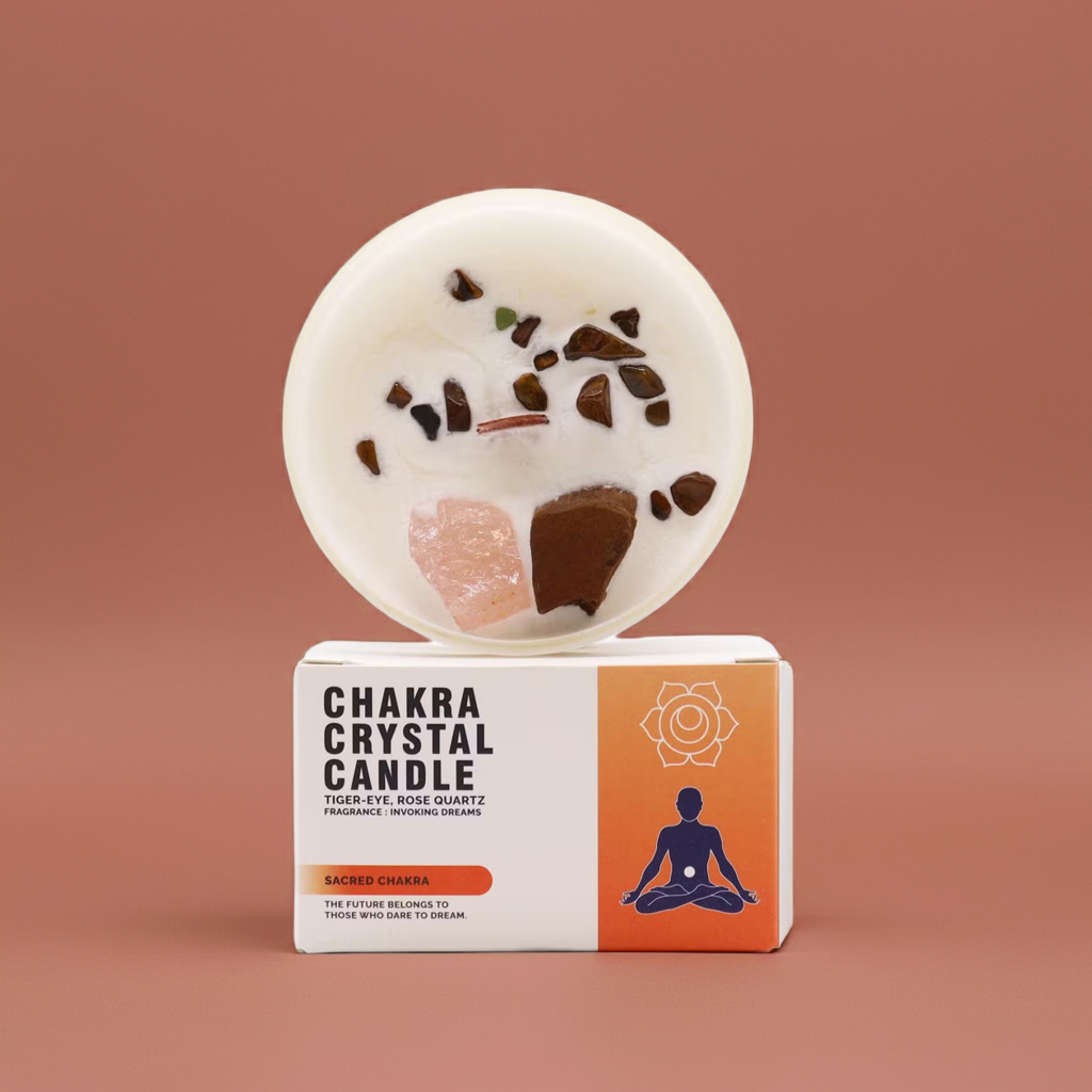 Sacred Chakra Crystal Candle - Tiger Eye & Rose Quartz Crystals