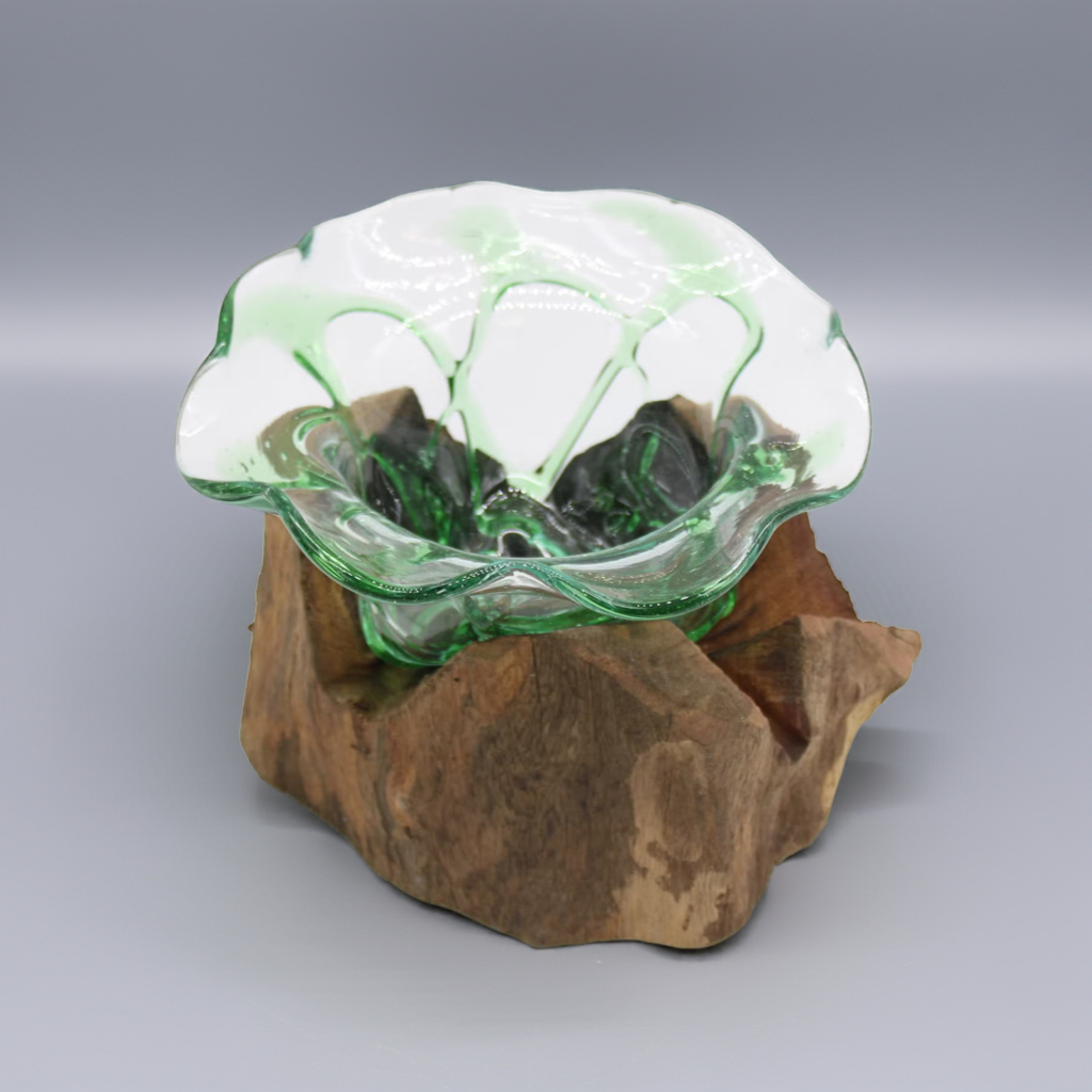 Hand-Melted Beer Bottle Bowl on Wood: Eco-Friendly Green Glass Art