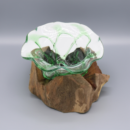 Hand-Melted Beer Bottle Bowl on Wood: Eco-Friendly Green Glass Art