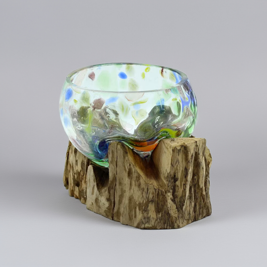 Rustic Molten Coloured Glass Bowl on Natural Wood Base