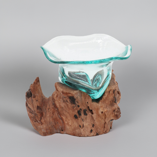 Hand-Blown Recycled Glass Sweet Bowl on Gamal Wood Stand