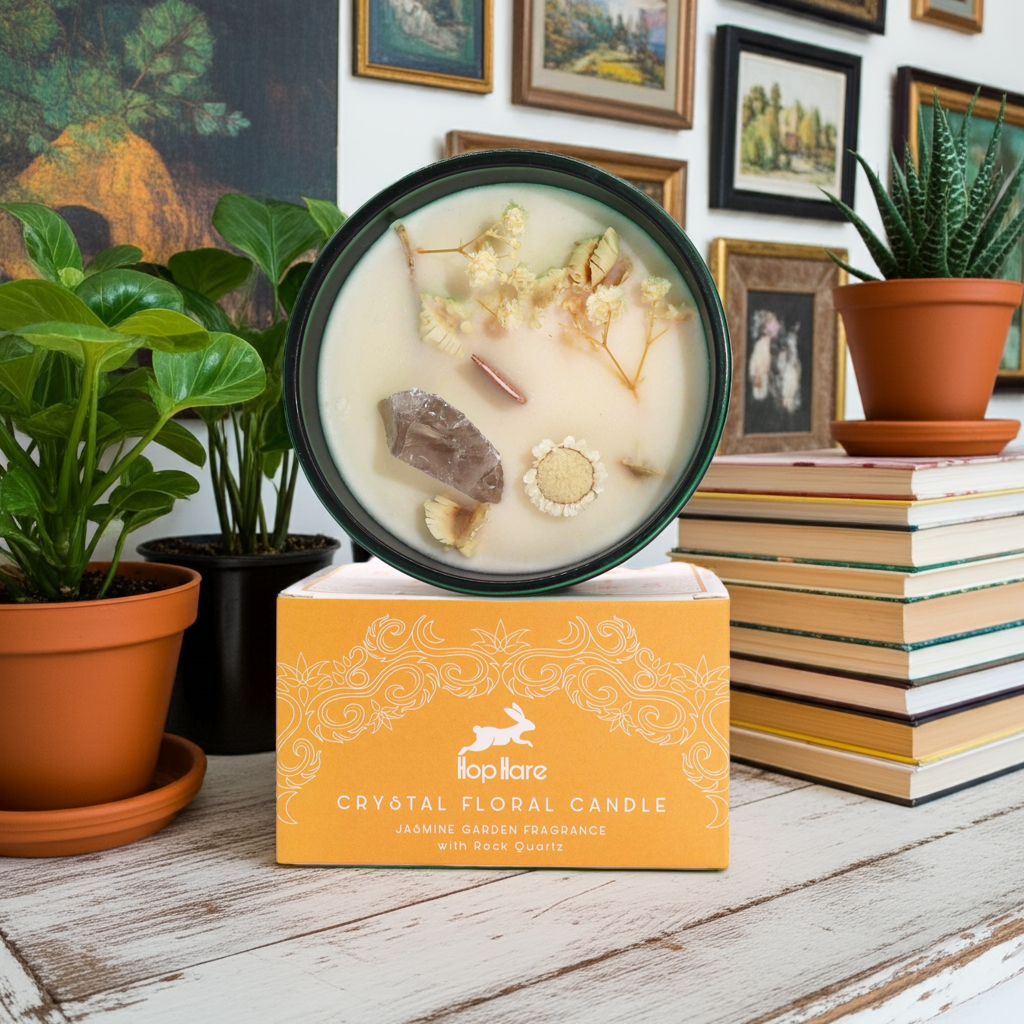 Jasmine Fragrance Magic Flower Candle - Red Jasper & Black Agate Crystals - Bath & Soak