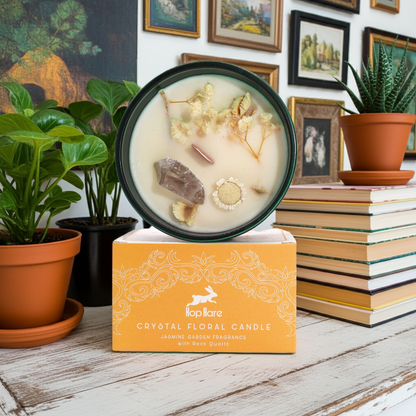 Jasmine Fragrance Magic Flower Candle - Red Jasper & Black Agate Crystals - Bath & Soak