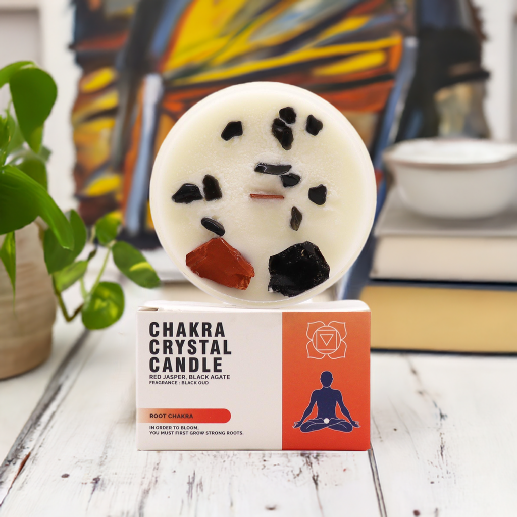 Root Chakra Crystal Candle - Red Jasper & Black Agate Crystals